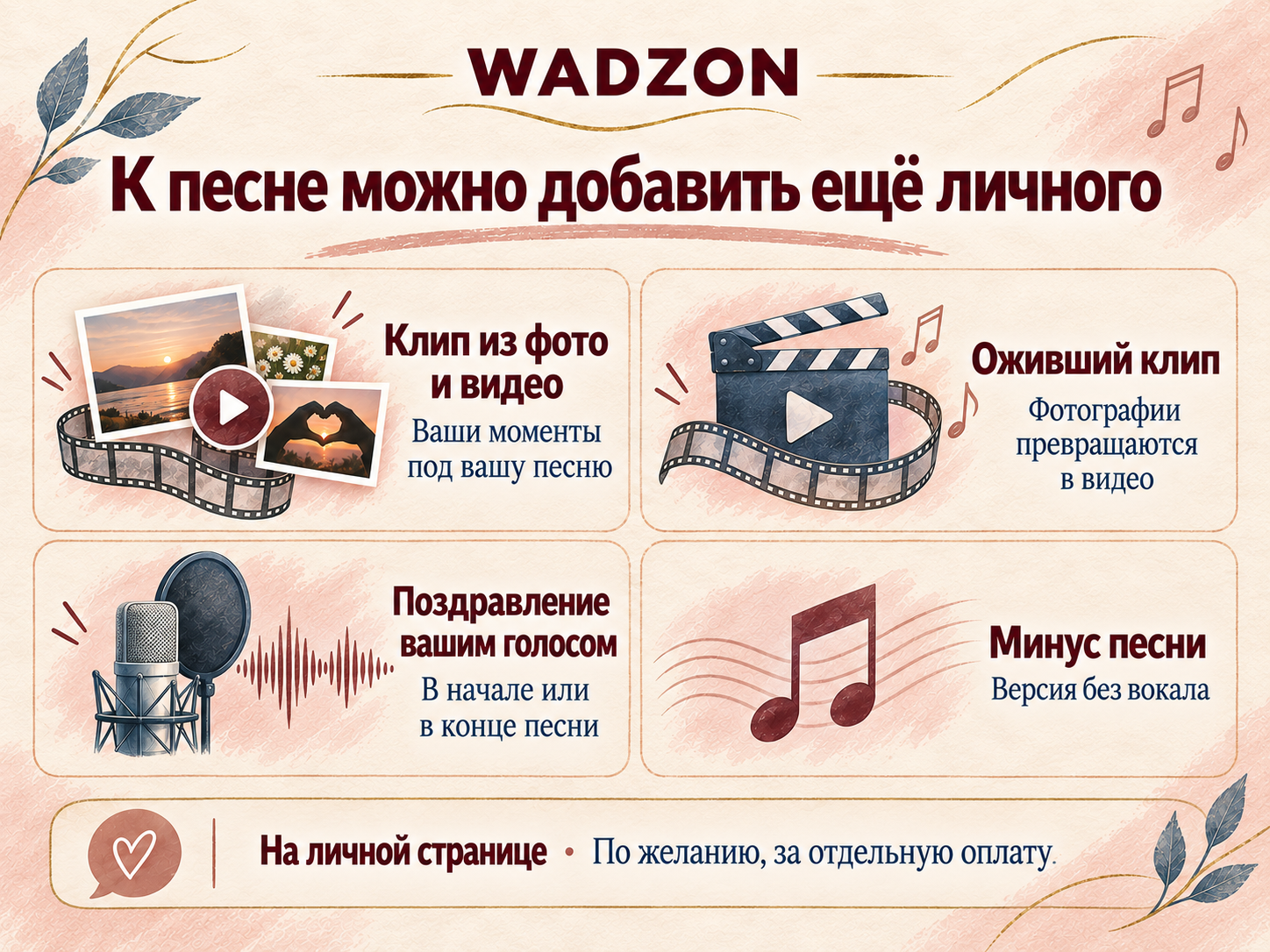 Дополнения к песне: клип, оживший клип, поздравление голосом и минус