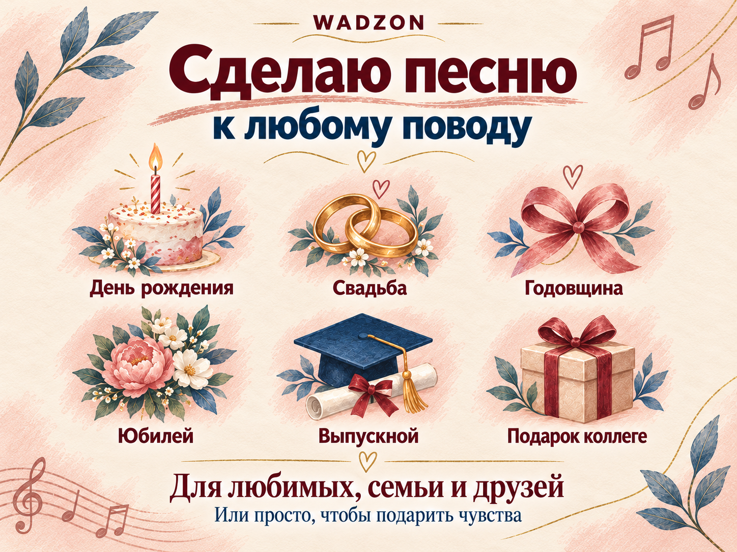 Песня в подарок: день рождения, свадьба, годовщина, юбилей, выпускной, подарок коллеге