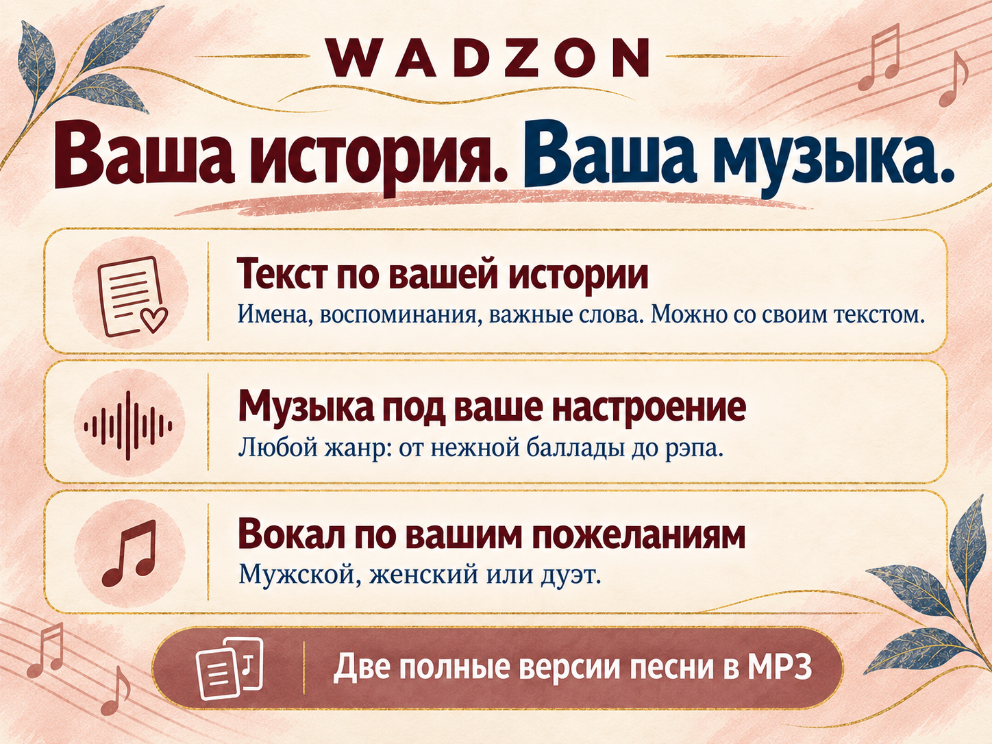Текст, музыка и вокал по вашей истории